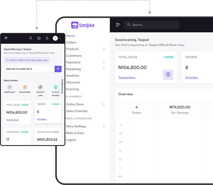 Taojaa dashboard showing e-commerce analytics and management interface